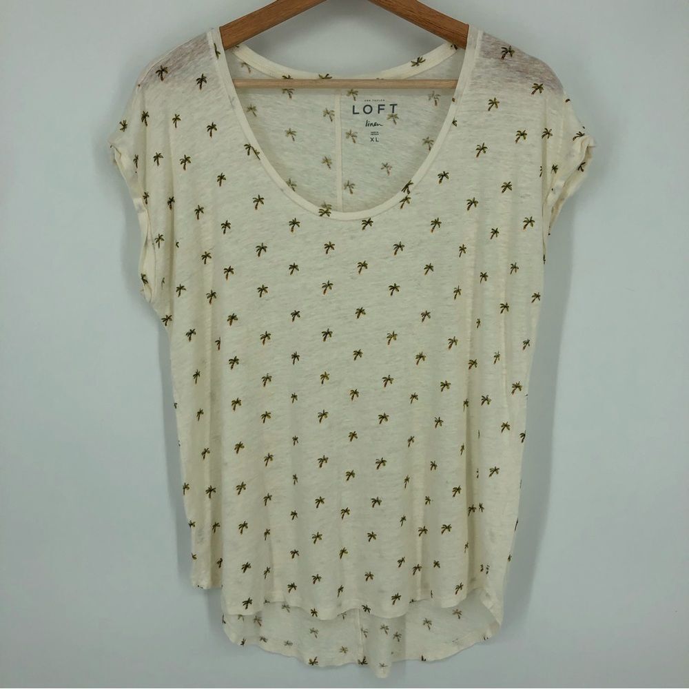 Loft 100% Linen Shirt Womens XL‎ Palm Tree Novelty White Scoop Neck Short Sleeve